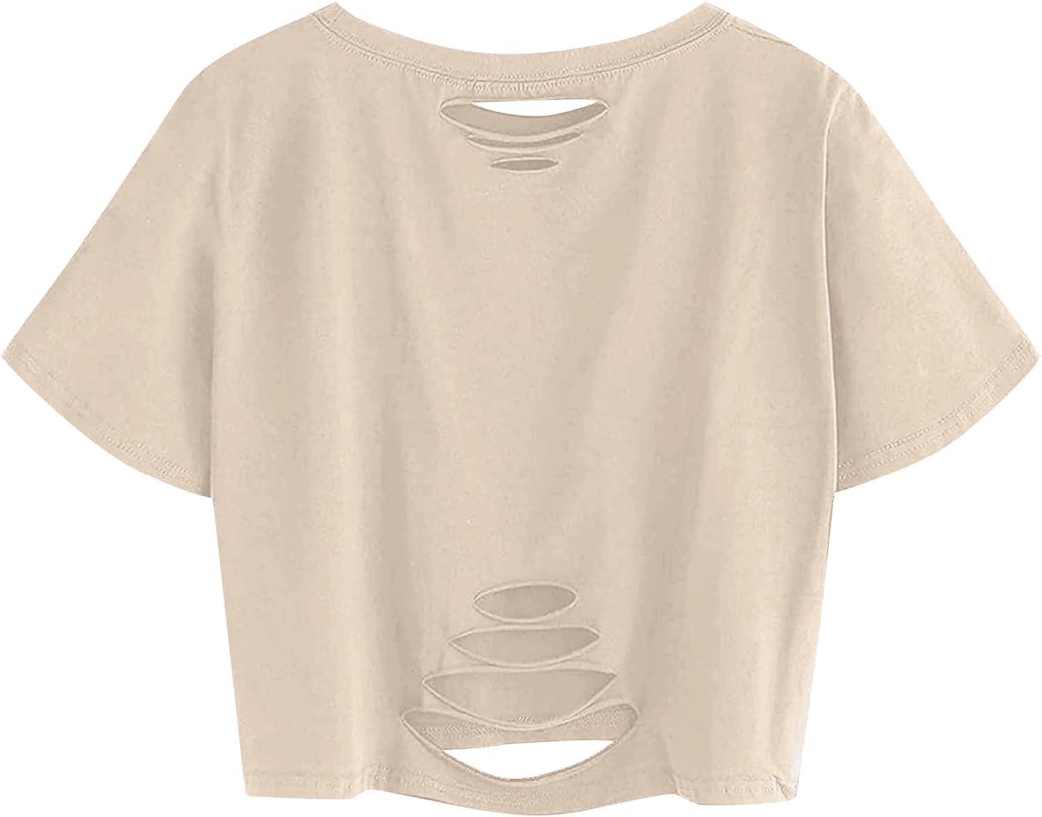 image:imageAvanova Women Vintage Graphic Distressed Crop Top Oversized Short Sleeve Ripped Tee Shirt Apricot Wset Medium