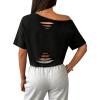 image:imageAvanova Women Off The Shoulder Crop Tops Distressed Ripped Short Sleeve Cropped Tee TShirtBlack