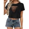 image:imageAvanova Women Ripped Cut Out T Shirts Short Sleeve Cropped Distressed Crop Tops for Punk Rock ConcertBlack