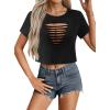 image:imageAvanova Women Ripped Cut Out T Shirts Short Sleeve Cropped Distressed Crop Tops for Punk Rock ConcertBlack