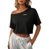 image:imageAvanova Women Off The Shoulder Crop Tops Distressed Ripped Short Sleeve Cropped Tee TShirtBlack