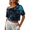 image:imageAvanova Women Off The Shoulder Crop Tops Distressed Ripped Short Sleeve Cropped Tee TShirtBlack Blue