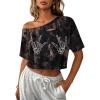 image:imageAvanova Women Off The Shoulder Crop Tops Distressed Ripped Short Sleeve Cropped Tee TShirtBlack Brown