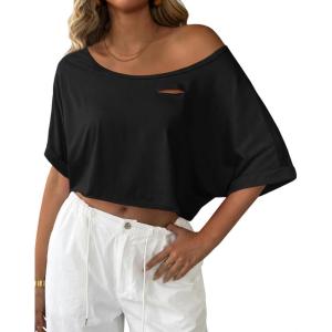 image:imageAvanova Women Off The Shoulder Crop Top Cropped Batwing Short Sleeve Tee TShirtBlack