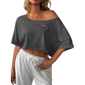 image:imageAvanova Women Off The Shoulder Crop Top Cropped Batwing Short Sleeve Tee TShirtDark Grey