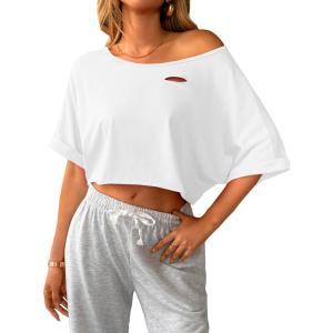 image:imageAvanova Women Off The Shoulder Crop Top Cropped Batwing Short Sleeve Tee TShirtWhite