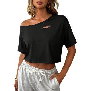 image:imageAvanova Women Off The Shoulder Crop Tops Distressed Ripped Short Sleeve Cropped Tee TShirtBlack
