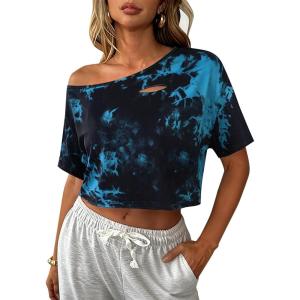 image:imageAvanova Women Off The Shoulder Crop Tops Distressed Ripped Short Sleeve Cropped Tee TShirtBlack Blue