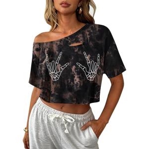 image:imageAvanova Women Off The Shoulder Crop Tops Distressed Ripped Short Sleeve Cropped Tee TShirtBlack Brown