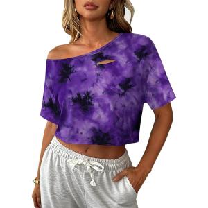 image:imageAvanova Women Off The Shoulder Crop Tops Distressed Ripped Short Sleeve Cropped Tee TShirtBlack Purple