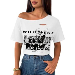 image:imageAvanova Women Off The Shoulder Crop Tops Distressed Ripped Short Sleeve Cropped Tee TShirtBlack White