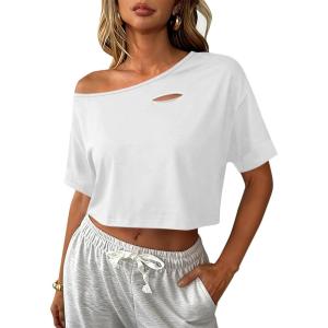 image:imageAvanova Women Off The Shoulder Crop Tops Distressed Ripped Short Sleeve Cropped Tee TShirtWhite