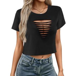 image:imageAvanova Women Ripped Cut Out T Shirts Short Sleeve Cropped Distressed Crop Tops for Punk Rock ConcertBlack