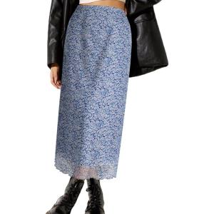 image:imageAvanova Women Floral Bohemian Mesh Midi Skirt High Waist Lettuce Trim Long Straight Skirt Blue Floral C XSmall