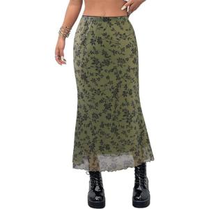 image:imageAvanova Women Mesh Boho Floral Midi Skirt High Waisted Mermaid Bodycon Skirt Green A XSmall