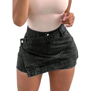 image:imageAvanova Women Denim Mini Skirt Jean Skort Sexy High Waist Asymmetrical Wrap Stretch Short SkirtsBlack D