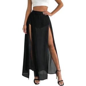 image:imageAvanova Women Double High Slit Maxi Skirt Sheer Sexy Flowy Long Skirts Beach Vacation with Shorts UnderneathBlack