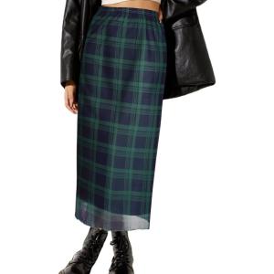 image:imageAvanova Women Plaid Gingham Checkered Mesh High Waisted Midi Skirts Flowy Summer Long Skirts Green Plaid Medium
