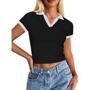 image:imageAvanova Women Polo V Neck Crop Tops Ringer Tee Short Sleeve Cropped T ShirtsBlack White