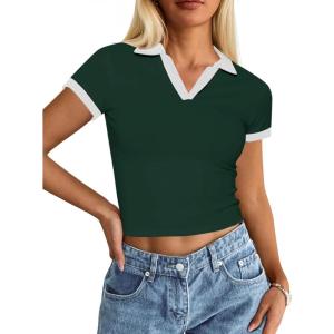 image:imageAvanova Women Polo V Neck Crop Tops Ringer Tee Short Sleeve Cropped T ShirtsGreen White