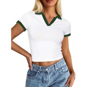 image:imageAvanova Women Polo V Neck Crop Tops Ringer Tee Short Sleeve Cropped T ShirtsWhite Green