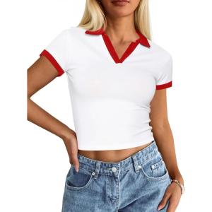 image:imageAvanova Women Polo V Neck Crop Tops Ringer Tee Short Sleeve Cropped T ShirtsWhite Red