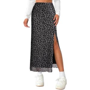 image:imageAvanova Womens Boho Floral Print Mesh Slit Split Long Skirts High Waisted Sexy Summer Maxi Skirts Black Large