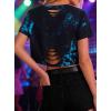 image:imageAvanova Tie Dye Shirt Women Criss Cross V Neck Crop Top Distressed Ripped Short Sleeve Cropped T Shirts Punk Rave RockBlue Black
