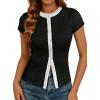 image:imageAvanova Women Color Block Button Down Shirts Ribbed Knit Short Sleeve TopsBlack