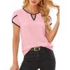 image:imageAvanova Women Color Block Keyhole V Neck Blouses Tops Petal Tulip Short Sleeve Contrast Trim Shirts Casual WorkPink Black