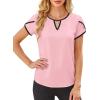 image:imageAvanova Women Color Block Keyhole V Neck Blouses Tops Petal Tulip Short Sleeve Contrast Trim Shirts Casual WorkPink Black