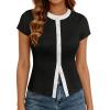 image:imageAvanova Women Color Block Button Down Shirts Ribbed Knit Short Sleeve TopsBlack