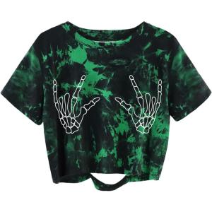 image:imageAVANOVA Women Skull Finger Graphic Distressed Tee Shirt Ripped Short Sleeve Crop TopsGreen Black