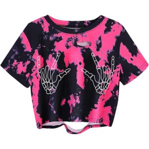 image:imageAVANOVA Women Skull Finger Graphic Distressed Tee Shirt Ripped Short Sleeve Crop TopsHot Pink Black