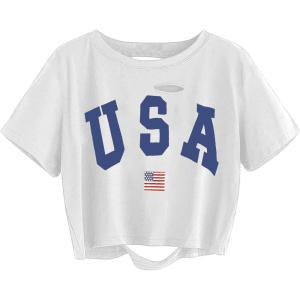 image:imageAvanova Funny Slogan Graphic Tees for Women Distressed Crop Tops Ripped Short Sleeve T ShirtBlue White
