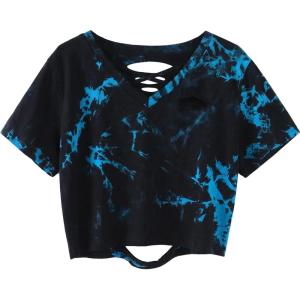 image:imageAvanova Tie Dye Shirt Women Criss Cross V Neck Crop Top Distressed Ripped Short Sleeve Cropped T Shirts Punk Rave RockBlue Black