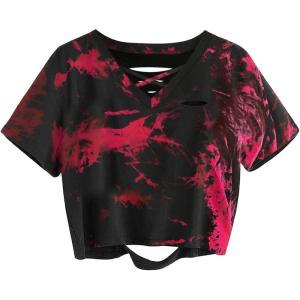 image:imageAvanova Tie Dye Shirt Women Criss Cross V Neck Crop Top Distressed Ripped Short Sleeve Cropped T Shirts Punk Rave RockRed Black