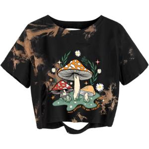 image:imageAvanova Vintage Mushroom Graphic Cropped Tee Shirts Short Sleeve Crop Tops Distressed Ripped TShirtLight Brown