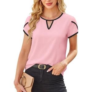 image:imageAvanova Women Color Block Keyhole V Neck Blouses Tops Petal Tulip Short Sleeve Contrast Trim Shirts Casual WorkPink Black