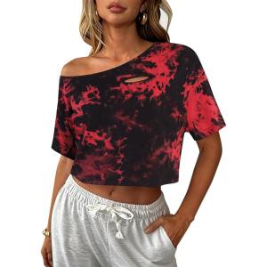 image:imageAvanova Women Off The Shoulder Crop Tops Distressed Ripped Short Sleeve Cropped Tee TShirtBlack Red