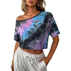 image:imageAvanova Women Off The Shoulder Crop Tops Distressed Ripped Short Sleeve Cropped Tee TShirtPurple Blue