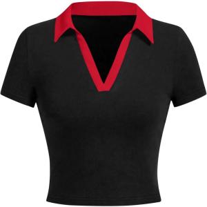 image:imageAvanova Women Polo Collared V Neck Tee Shirts Ringer Short Sleeve Crop TopsRed Black