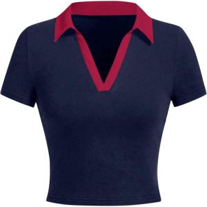 image:imageAvanova Women Polo Collared V Neck Tee Shirts Ringer Short Sleeve Crop TopsRed Blue