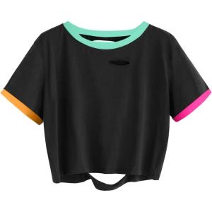 image:imageAvanova Women Raglan Shirt Ripped Distressed Crop Tops Short Sleeve Cropped T Shirts Summer TeeBlack Neon