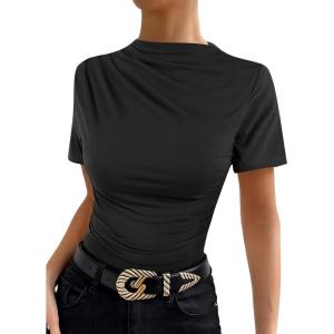 image:imageAvanova Women Ruched Mock Neck Tops Short Sleeve Fitted Dressy Casual Business Work ShirtsBlack