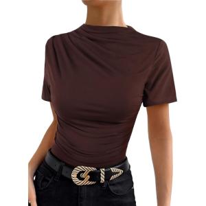 image:imageAvanova Women Ruched Mock Neck Tops Short Sleeve Fitted Dressy Casual Business Work ShirtsBrown