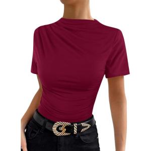 image:imageAvanova Women Ruched Mock Neck Tops Short Sleeve Fitted Dressy Casual Business Work ShirtsBurgundy