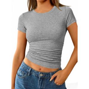 image:imageAvanova Women Side Ruched Going Out Crop Tops Short Sleeve Fitted Cropped T ShirtsGrey