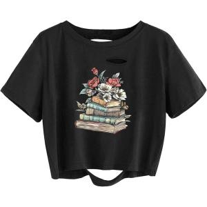 image:imageAvanova Women Vintage Floral Graphic Distressed Crop Tops Ripped Short Sleeve T ShirtBlack