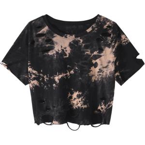 image:imageAvanova Womens Short Sleeve Tie Dye Ripped Crop Top Distressed TShirt Gothic Streetwear Y2K TeeBlack Coffee